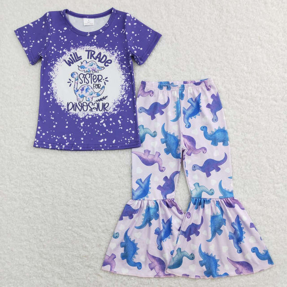 Wild Trade Sister Dinosaur Purple Girls Short Sleeve+Trousers Sets