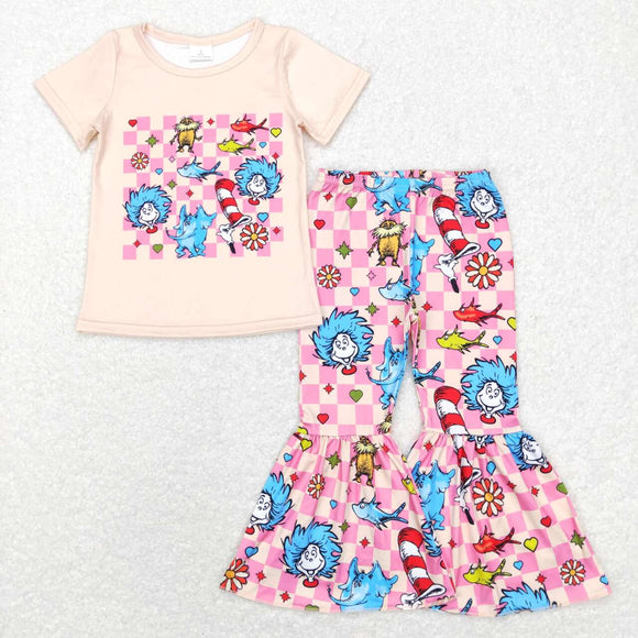 Cartoon Cats Pink Beige Plaid Girls Short Sleeve+Trousers Sets