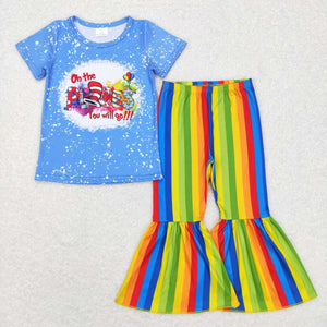 Cartoon Cats Colorful Stripe Girls Short Sleeve+Trousers Sets