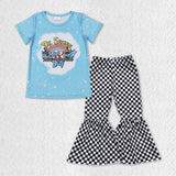 Cartoon Cats Plaid Sky Blue Girls Short Sleeve+Trousers Sets