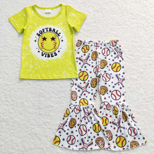 Softball Vibes Smile Yellow Girls Short Sleeve+Trousers Sets