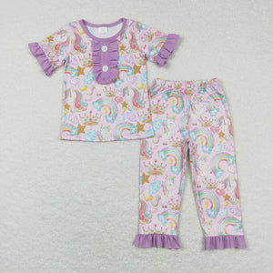 Cartoon Rainbow Unicorn Purple Girls Short Sleeve Pajamas