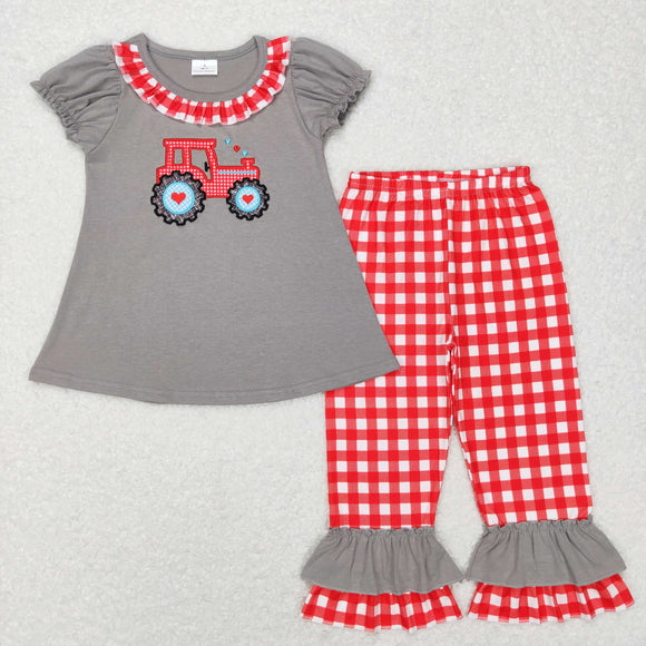 Heart Tractor Gray Red Plaid Ruffles Girls Valentines Outfits