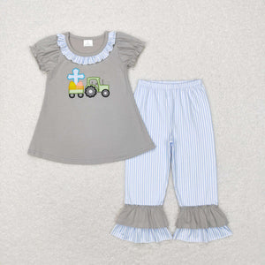 Cross Eggs Tractor Blue Stripe Gray Girls Easter Outfits