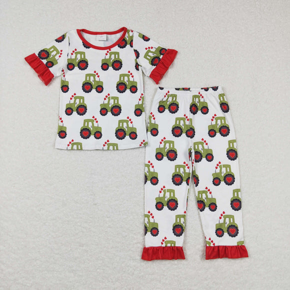 Heart Tractor Red Ruffles White Girls Valentines Pajamas