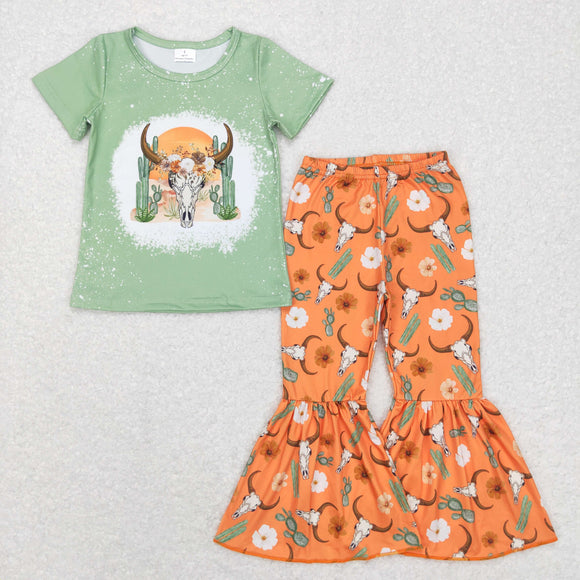 Highland Cow Green Orange Girls Short Sleeve+Trousers Sets