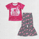 Cartoon Dolls Plaid Hot Pink Girls Short Sleeve+Trousers Sets