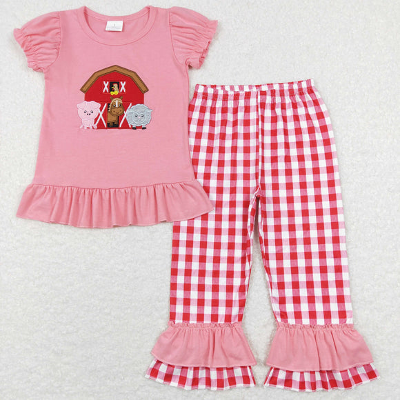 Farm Animals House Red Ruffles Pink Girls Short Sleeve+Trousers Sets