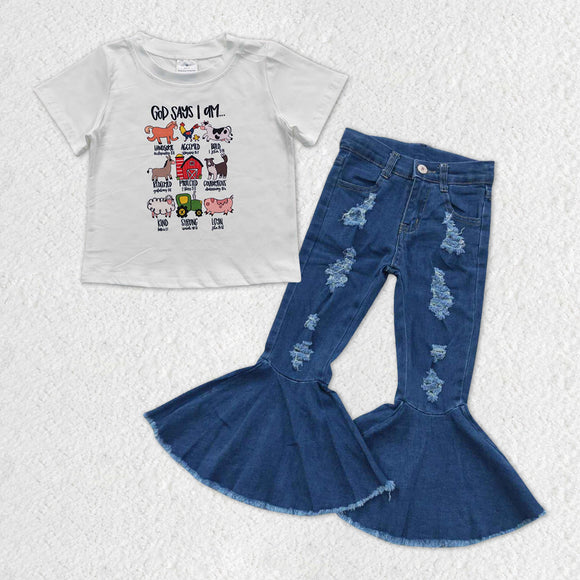 God says I am Ripped Denim Girls Short Sleeve+Trousers Sets