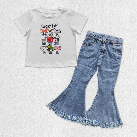 God says I am Tassels Denim Girls Short Sleeve+Trousers Sets