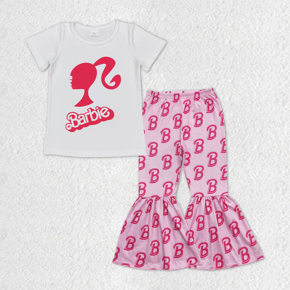 Cartoon Dolls Pink White Girls Short Sleeve+Trousers Sets