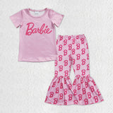 Cartoon Dolls Pink Girls Short Sleeve+Trousers Sets