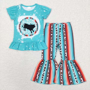 Rodeo Queen Bull Stripe Blue Girls Short Sleeve+Trousers Sets