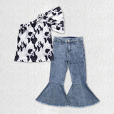 Cowhide Print Light Jeans Girls Short Sleeve+Trousers Sets