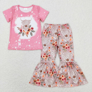 Highland Cow Floral Pink Girls Short Sleeve+Trousers Sets