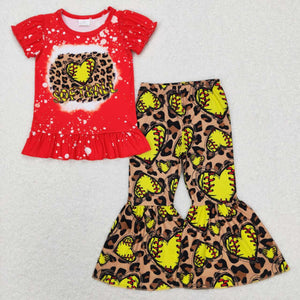 Softball Leopard Print Red Girls Short Sleeve+Trousers Sets