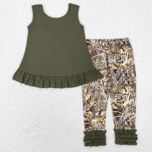 Solid Army Green Camo Girls Short Sleeve+Trousers Sets