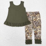 Solid Army Green Camo Girls Short Sleeve+Trousers Sets