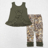 Solid Army Green Camo Girls Short Sleeve+Trousers Sets