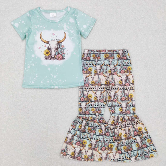 Highland Cow Floral Girls Short Sleeve+Trousers Sets