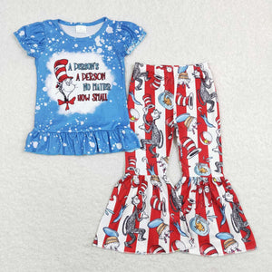 Cartoon Cats Red Sripe Blue Girls Short Sleeve+Trousers Sets