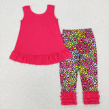 Solid Hot Pink Bow Leopard Print Girls Short Sleeve+Trousers Sets