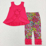 Solid Hot Pink Bow Leopard Print Girls Short Sleeve+Trousers Sets