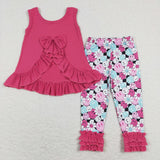 Solid Hot Pink Bow Floral Smile Girls Short Sleeve+Trousers Sets