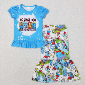 Cartoon Cats Read Blue White Girls Short Sleeve+Trousers Sets