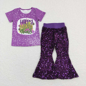 Happy Letters Purple Sequins Girls Mardi Gras Outfits