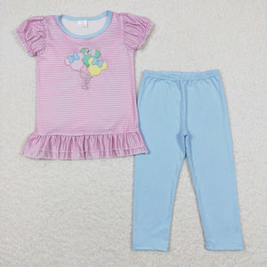 Cartoon Balloon Pink Stripe Blue Girls Short Sleeve+Trousers Sets