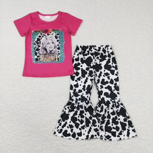 Singer Cow Print Hot Pink Girls Short Sleeve+Trousers Sets