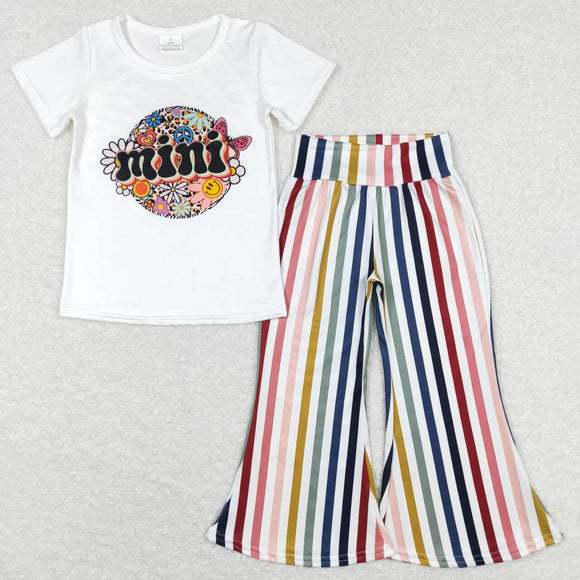 Mini Floral Stripe White Girls Short Sleeve+Trousers Sets