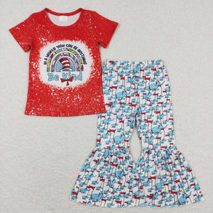 Cartoon Cats Rainbow Be Kind Red Girls Short Sleeve+Trousers Sets