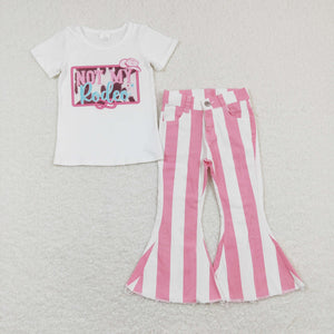 Rodeo Pink White Stripe Jeans Girls Short Sleeve+Trousers Sets