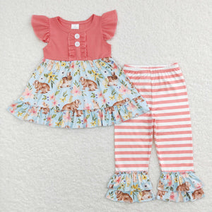 Bunny Floral Blue Pink Stripe Girls Easter Outfits