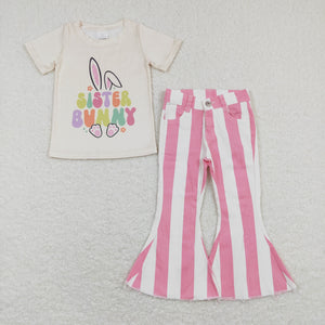 Sister Bunny Pink Stripe Denim Girls Easter Outfits