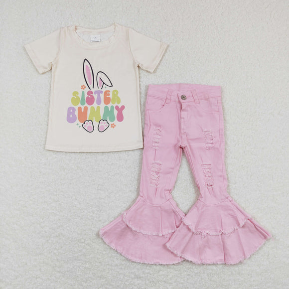 Sister Bunny Pink Denim Girls Easter Outfits