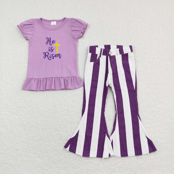 He is Risen Purple Stripe Denim Girls Easter Outfits