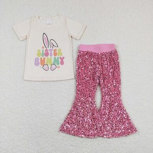 Sister Bunny Hot Pink Sequins Girls Easter Outfits