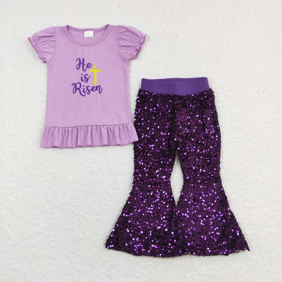 He is Risen Purple Sequins Girls Easter Outfits