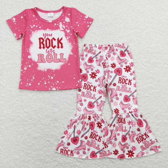 Rock Roll Floral Pink Girls Short Sleeve+Trousers Sets