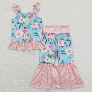 Floral Polka Dots Blue Pink Girls Short Sleeve+Trousers Sets