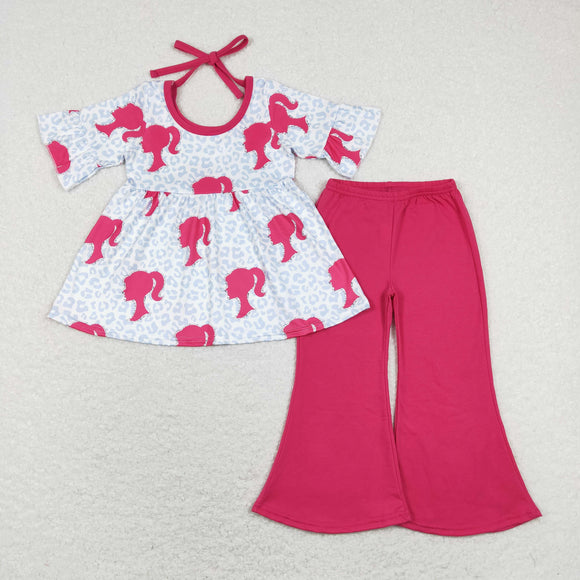 Cartoon Dolls Leopard Print Hot Pink Girls Short Sleeve+Trousers Sets