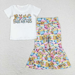 Cartoon Bananas Stripe Girls Short Sleeve+Trousers Sets