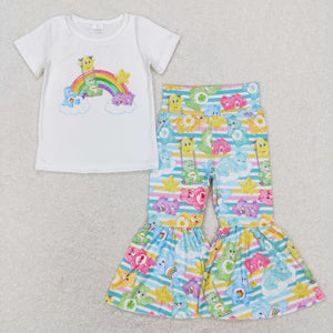 Cartoon Bear Colorful Stripe White Girls Short Sleeve+Trousers Sets