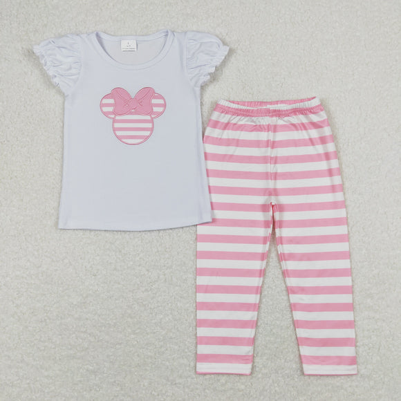 Cartoon Pink Stripe White Girls Short Sleeve+Trousers Sets