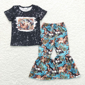 Horses Black Girls Short Sleeve+Trousers Sets