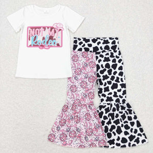 Not My Rodeo Cow Print Girls Short Sleeve+Trousers Sets