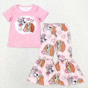 Cartoon Dogs Floral Pink Girls Valentines Outfits